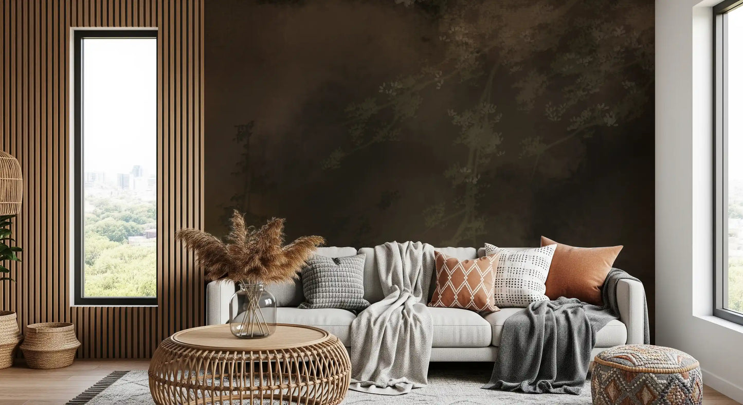 Olive-green tree branches emerging through dark brown mist in this forest wall mural, GD9693