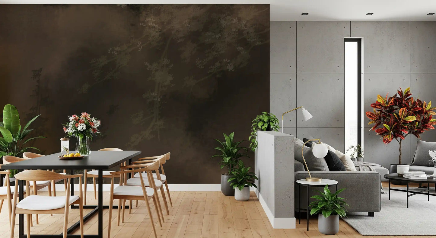 Atmospheric living-Dining room featuring Woodland Haze wall mural in deep brown botanical haze, GD9693