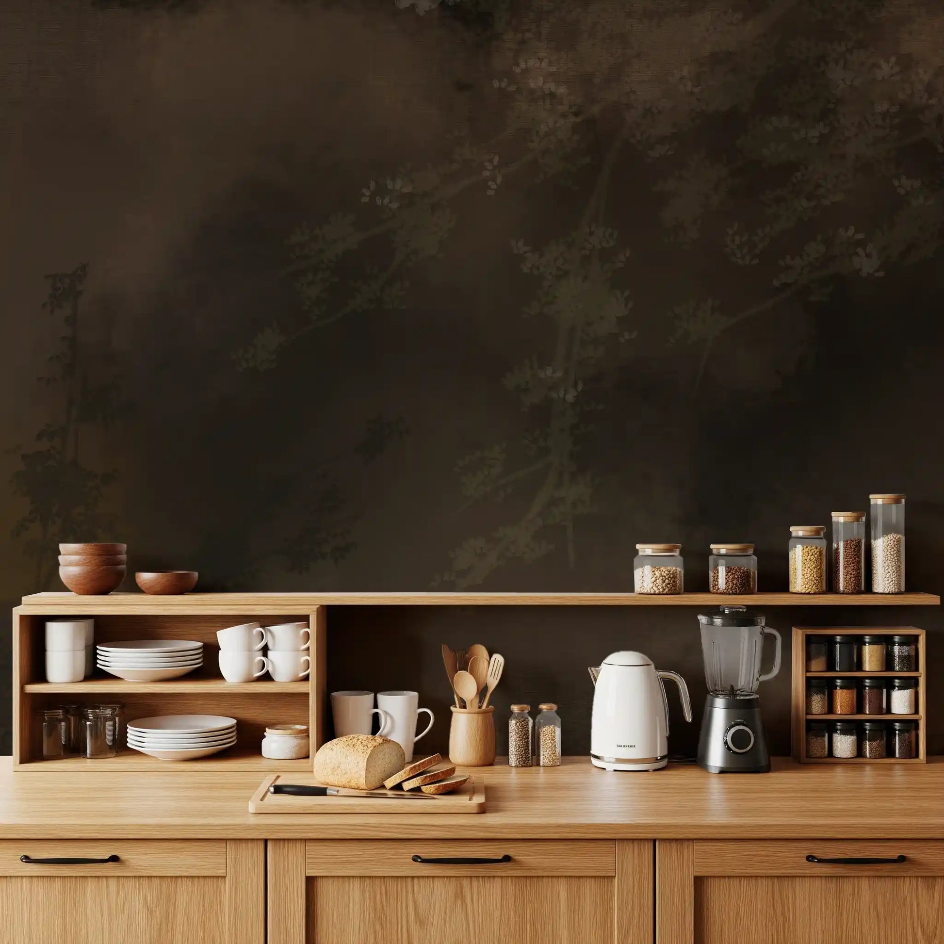 Woodland Haze Tapestry misty mural in a Kitchen area , dark olive and brown tones, GD9693