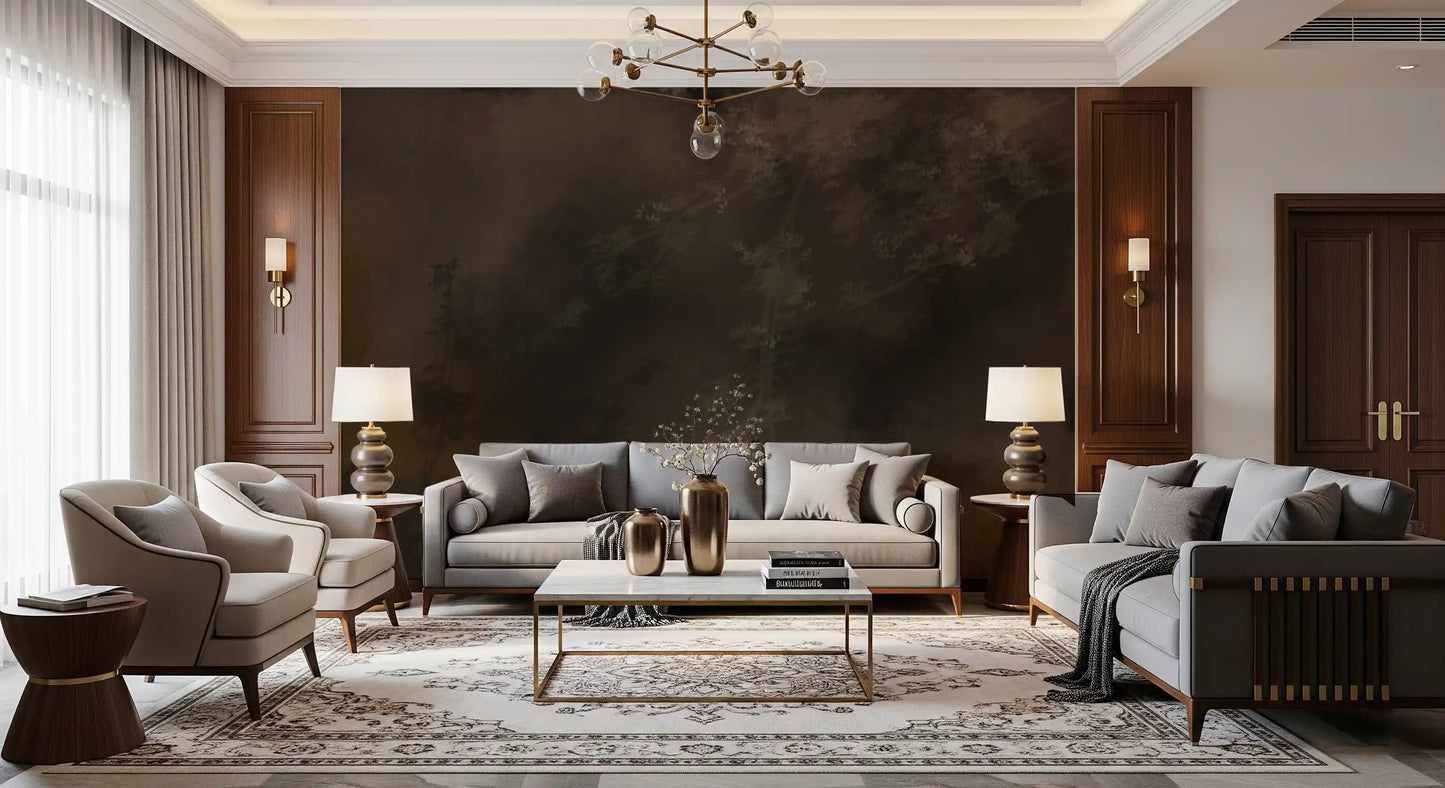 Green-accented lounge with dark moody Woodland Haze forest wall mural and botanical haze, GD9693