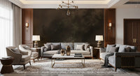 Green-accented lounge with dark moody Woodland Haze forest wall mural and botanical haze, GD9693