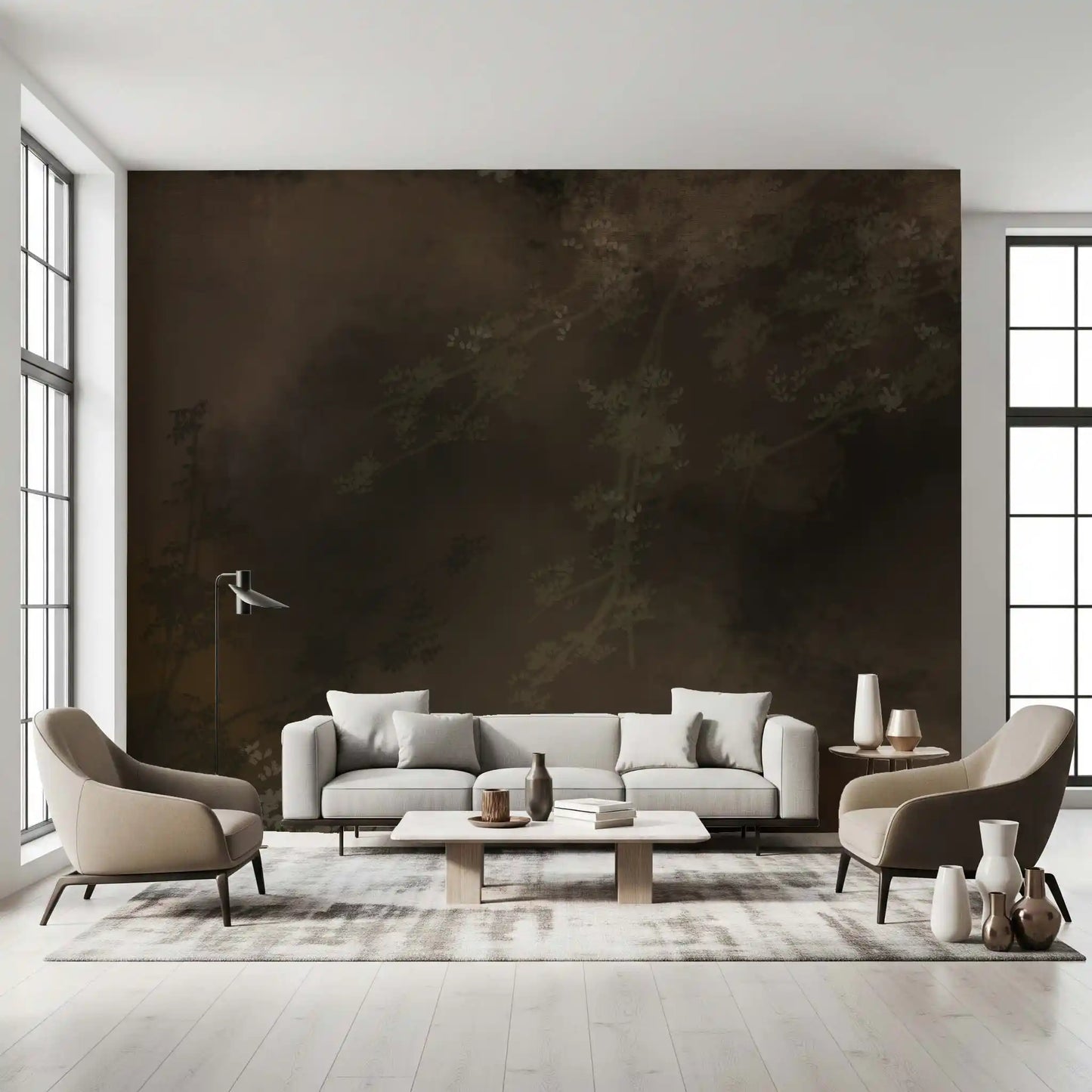 Moody, atmospheric Woodland Haze Tapestry wall mural in deep charcoal and olive, GD9693