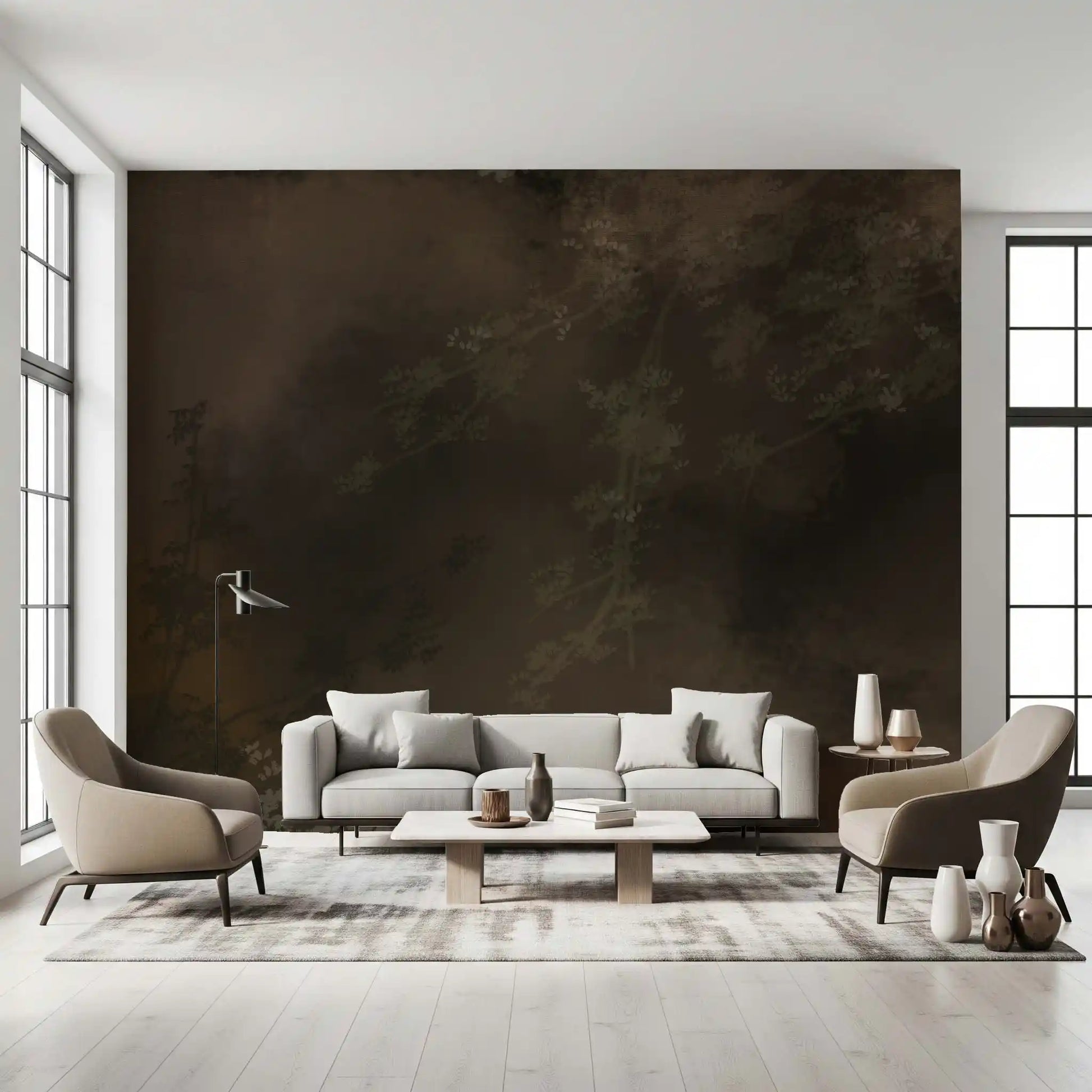 Moody, atmospheric Woodland Haze Tapestry wall mural in deep charcoal and olive, GD9693