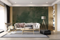 Moody forest green wall mural visible across a bright, airy living room 
