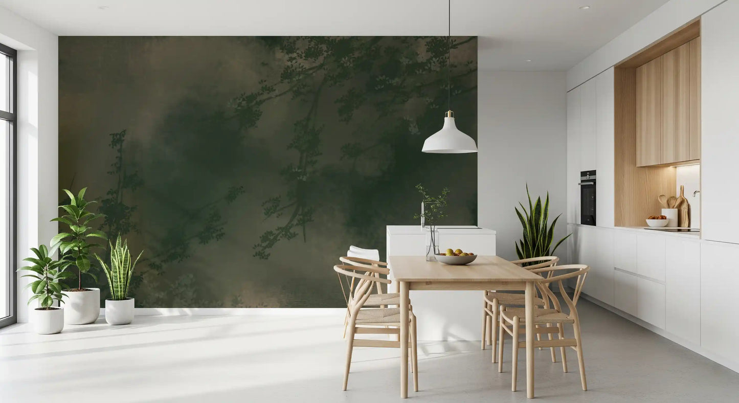 Green forest wall mural in a Dining room with moody olive and grey tones