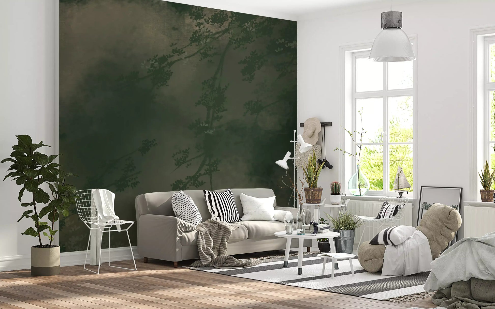 Verdant Mist Branches wall mural spanning a well-lit living room in dark forest green