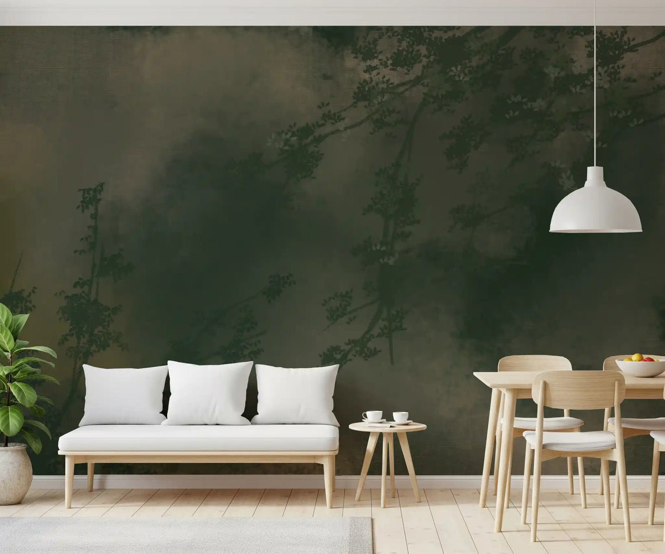 Verdant Mist wall mural filling a dining area with deep green forest foliage