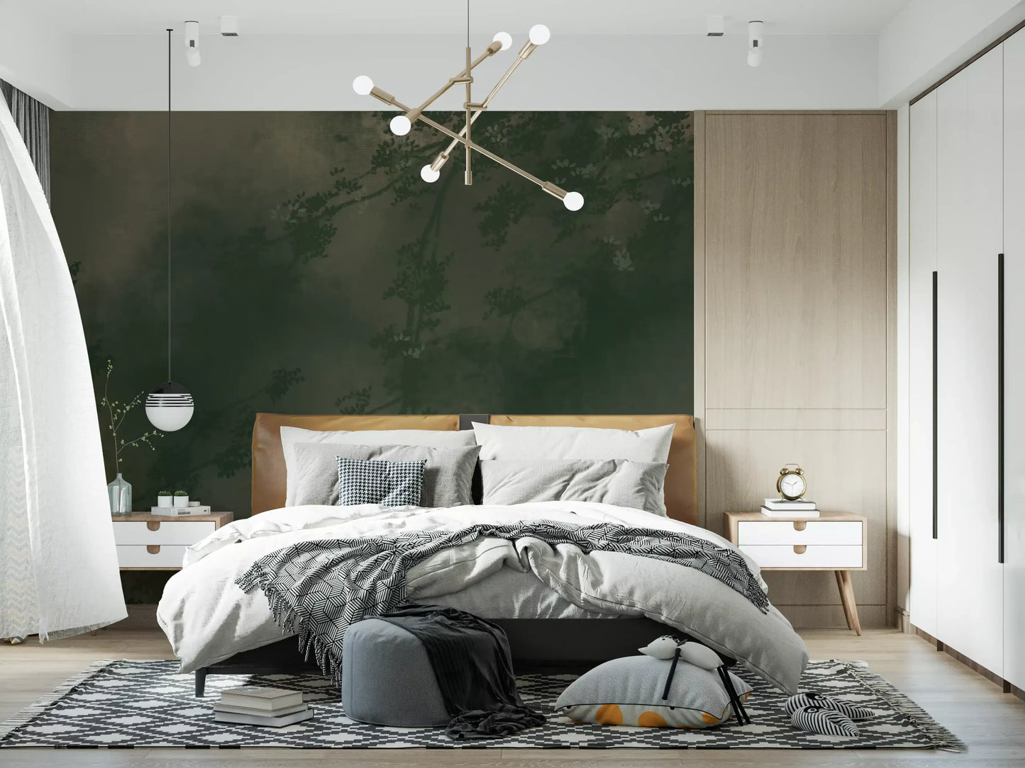Moody forest wall mural behind a bedroom in deep green and olive tones