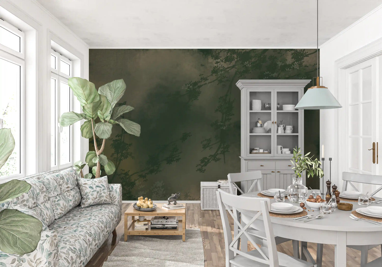 Verdant Mist Branches wall mural in deep forest green and misty olive tones