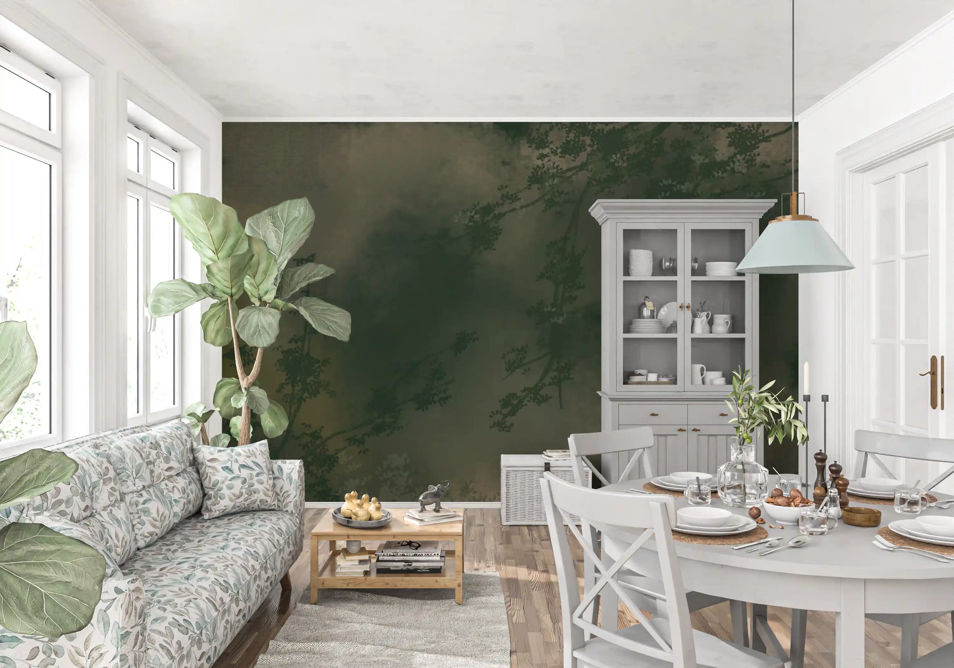 Verdant Mist Branches wall mural in deep forest green and misty olive tones