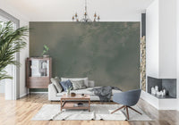 Moody green forest canopy wall mural with layered branches and fog