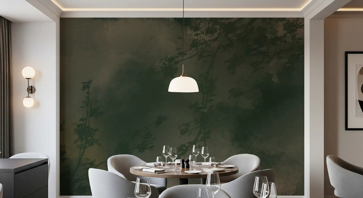 Forest branch silhouettes fading into fog on the Moody Green wall mural