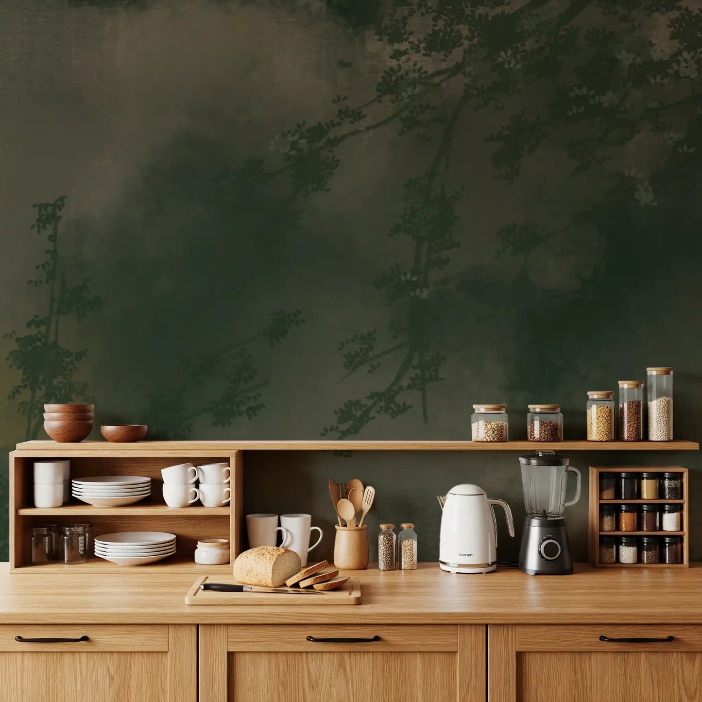 Dark olive branches rise through grey mist in the Verdant Mist wall mural