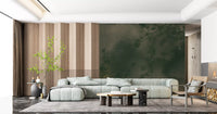 Deep olive and grey forest wall mural set against a modern living room