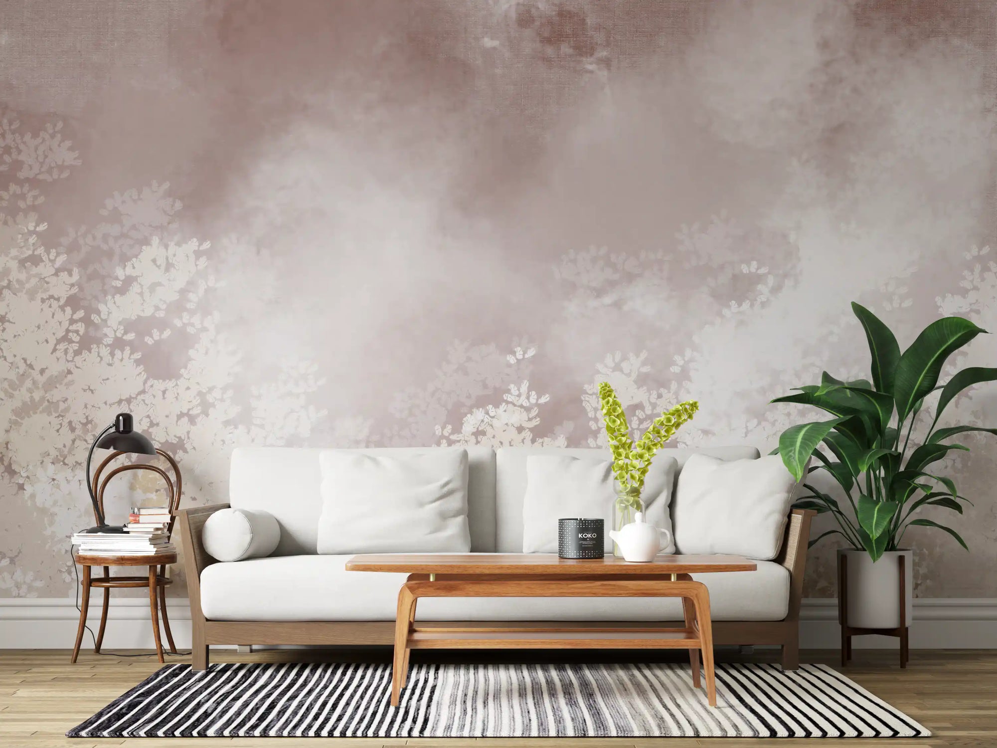 Gentle Leaf Veil wall mural wrapping a living room in dusty rose and white botanicals, GD9695