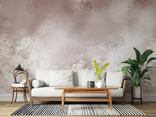 Gentle Leaf Veil wall mural wrapping a living room in dusty rose and white botanicals, GD9695