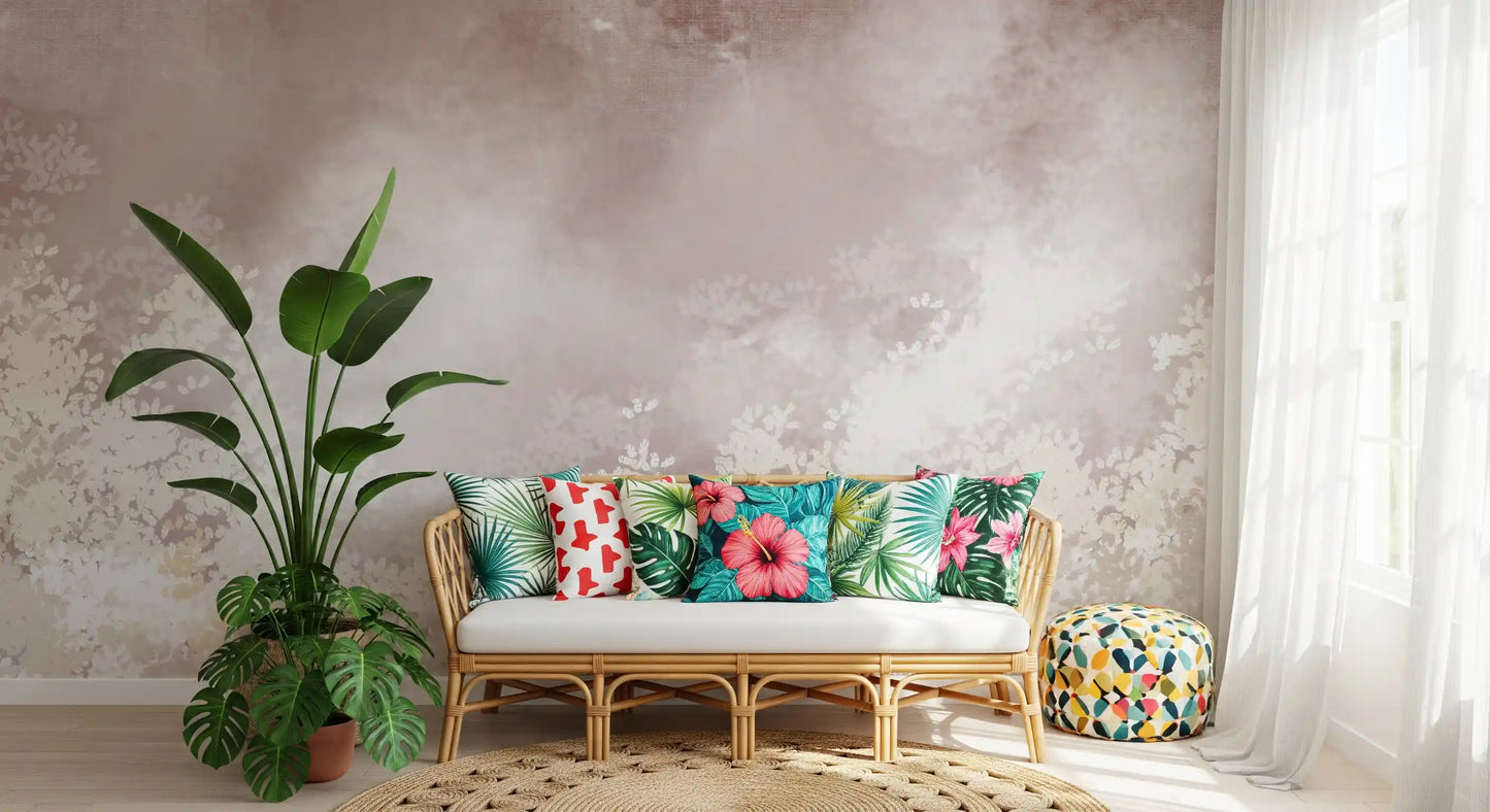 Leaf Veil wall mural covering a living room in layered cream and mauve fog