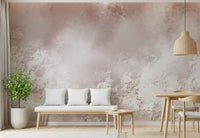 Gentle Leaf Veil mural showing a hazy botanical scene in pale mauve and white
