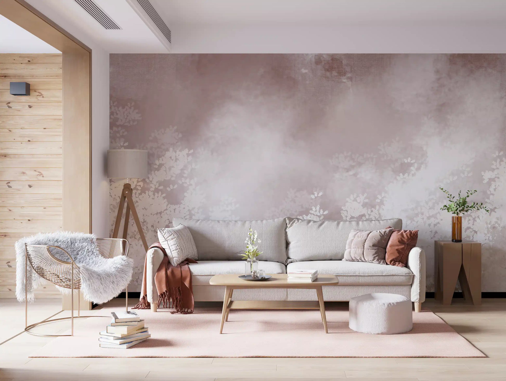 Misty white meadow mural on a bright living room with a blush botanical haze