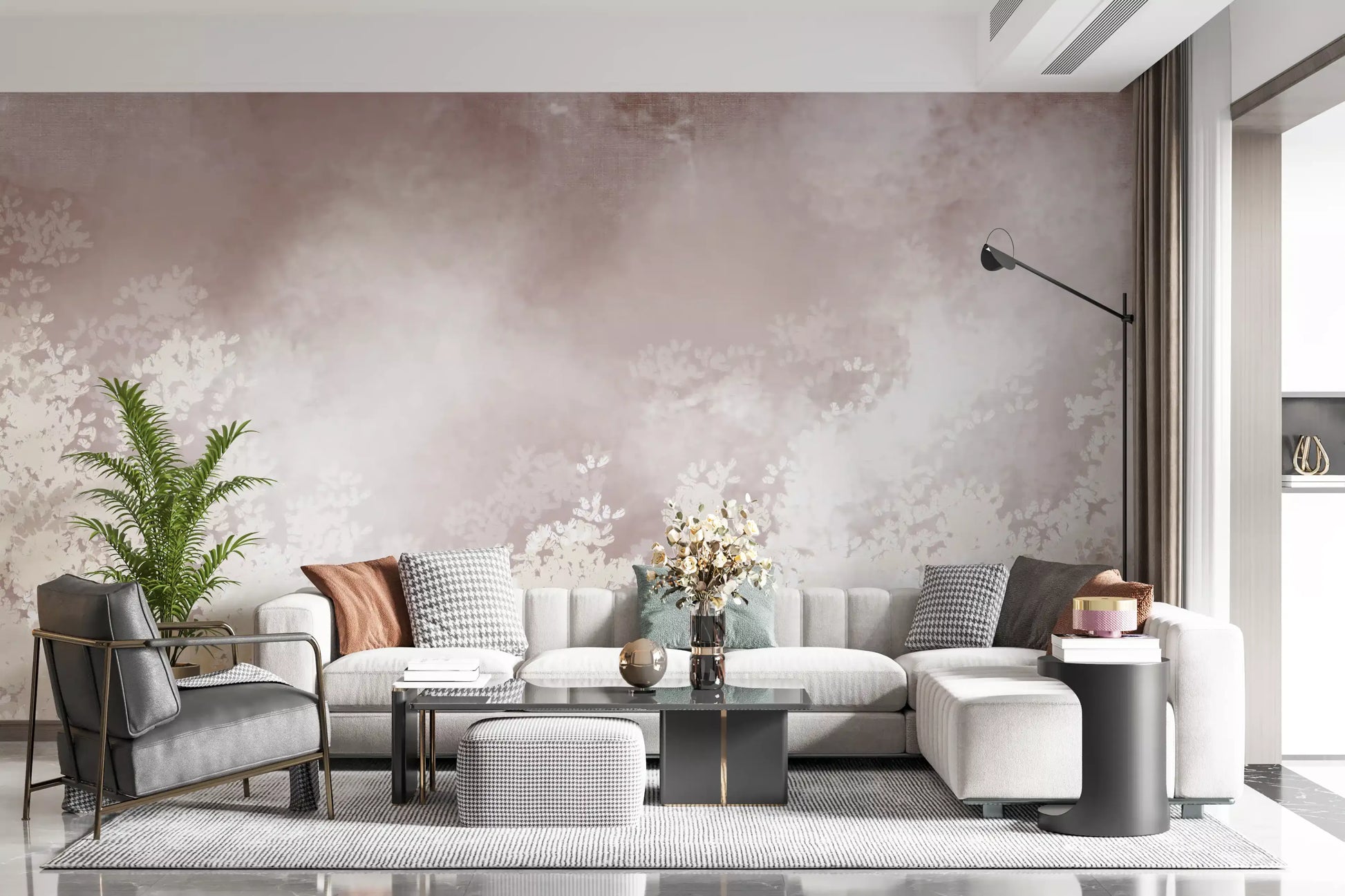 Misty Leaf Veil wall mural a Lounge area in pale rose and cream tones

