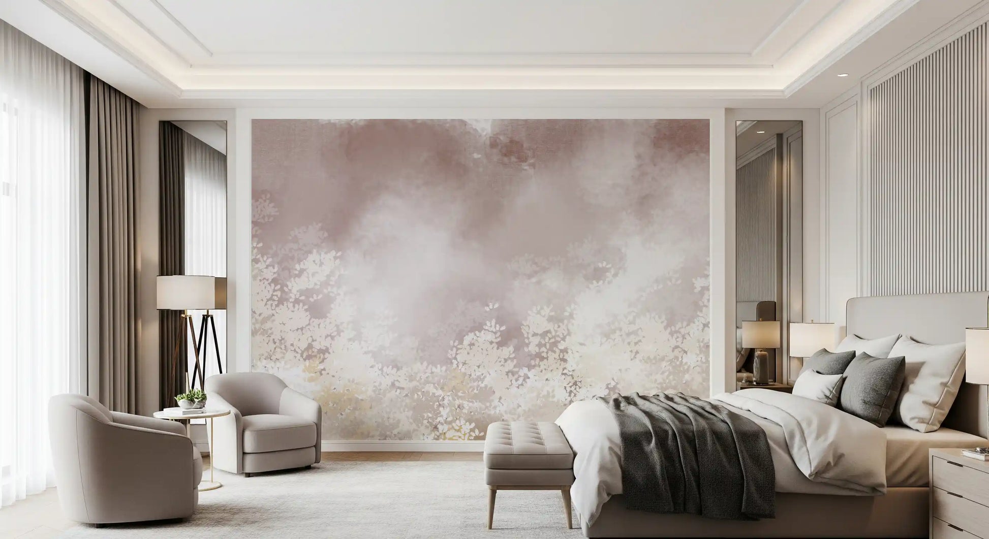Dusty rose mist and white leaf clusters across the Gentle Leaf Veil wall mural