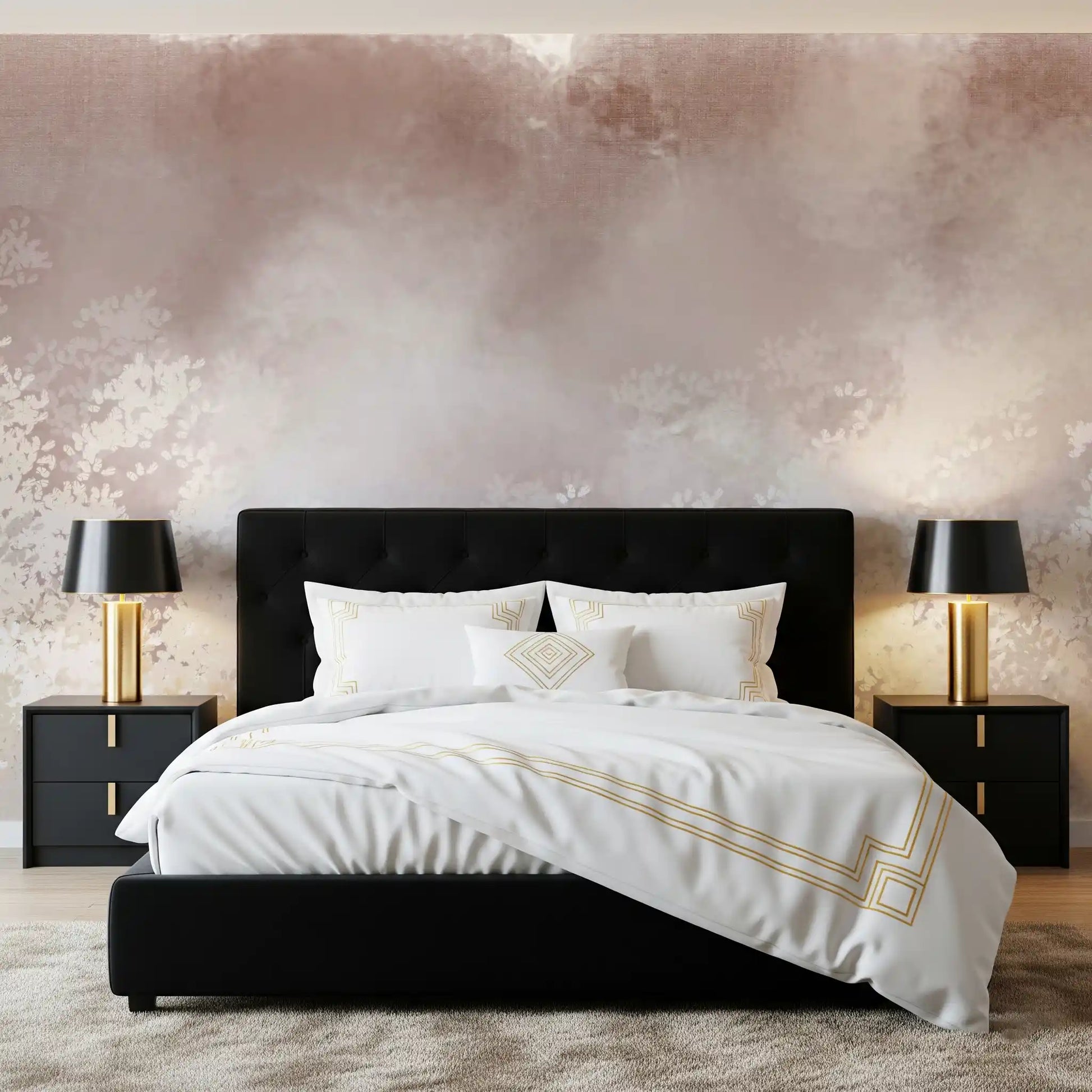 Misty white meadow wall mural with layered botanical silhouettes in cream and blush