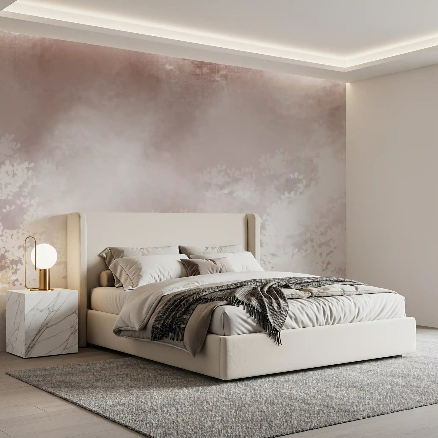 Blush botanical wall mural giving a Bedroom a hazy meadow atmosphere