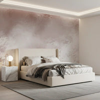 Blush botanical wall mural giving a Bedroom a hazy meadow atmosphere