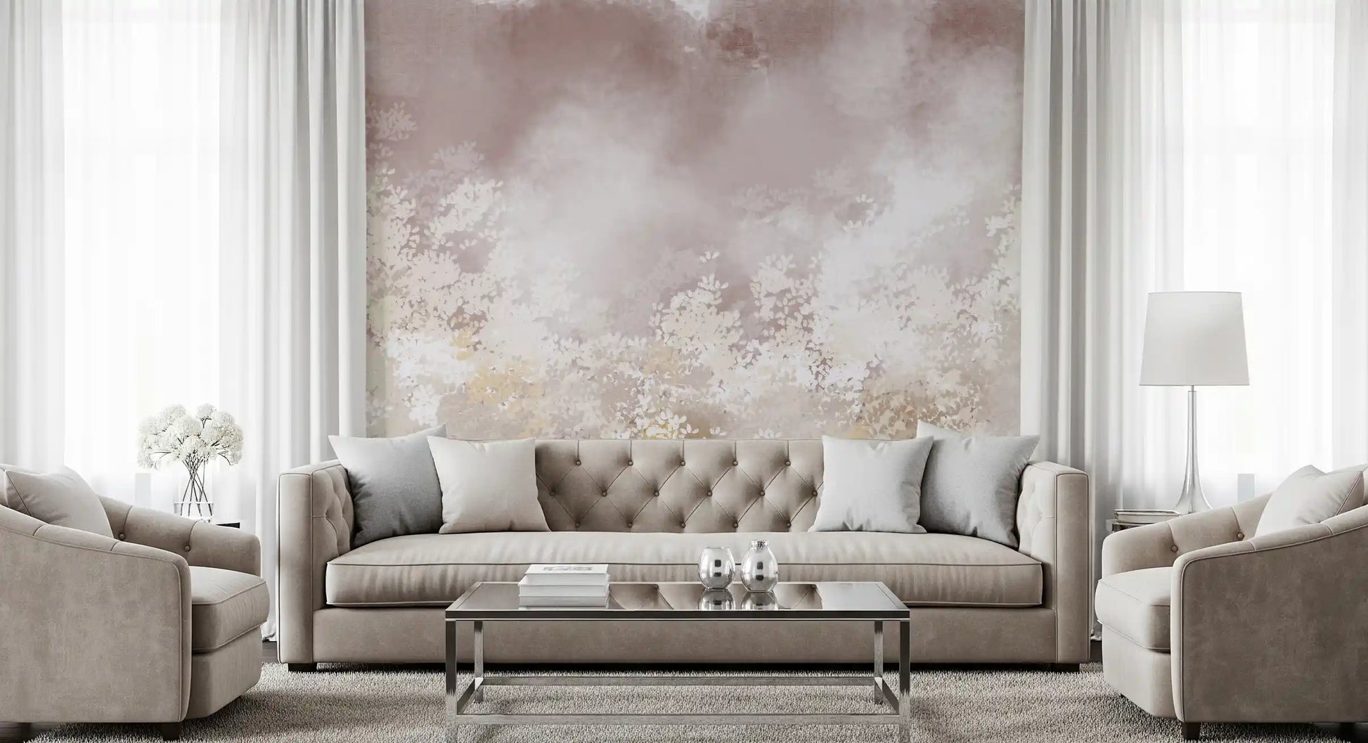 Gentle Leaf Veil mural on a Hallway, dusty rose mist and white leaf silhouettes