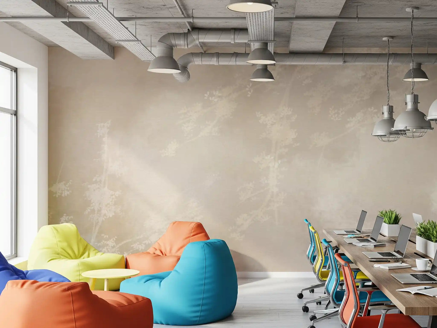Ethereal misty forest wall mural behind a Office workplace  in neutral beige
