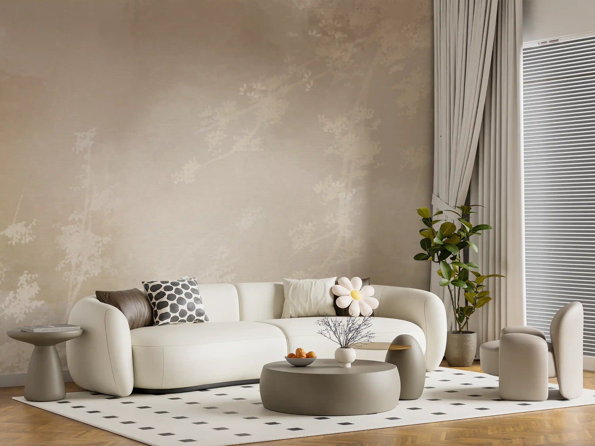 Ghostly canopy wallpaper in a Living room , subtle beige tones keeping the space calm