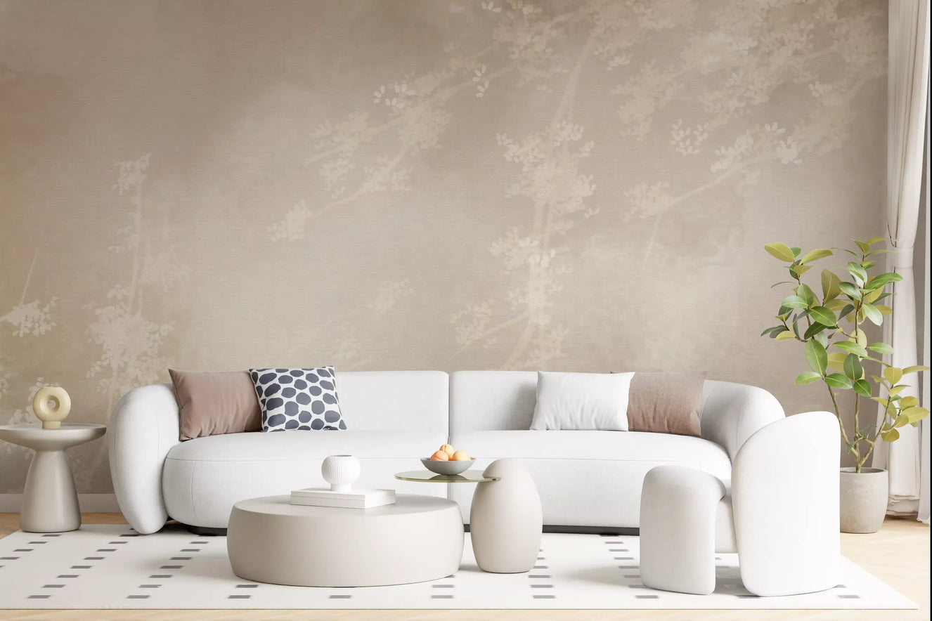 Living room in Ethereal Canopy Charm misty forest wallpaper, beige and cream