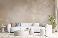 Living room in Ethereal Canopy Charm misty forest wallpaper, beige and cream