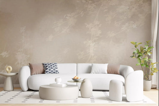 Living room in Ethereal Canopy Charm misty forest wallpaper, beige and cream