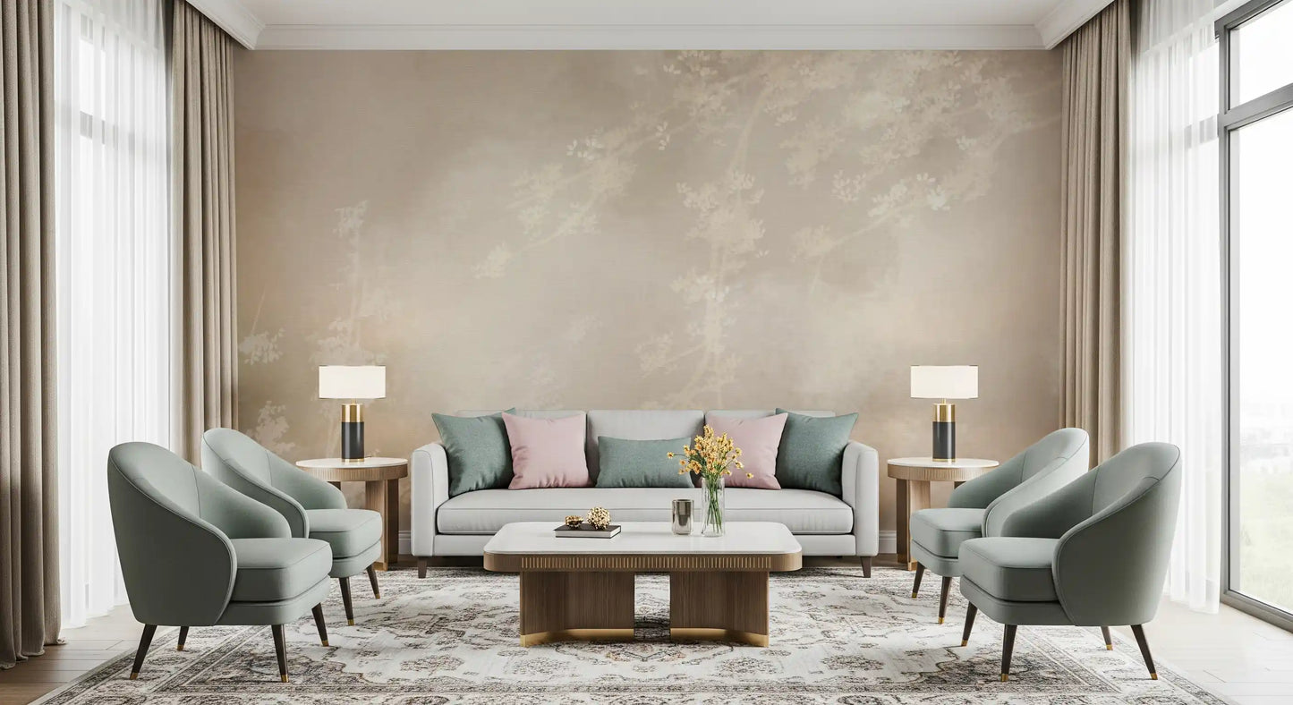 Misty forest wall mural in a lounge with warm cream and beige botanical tones