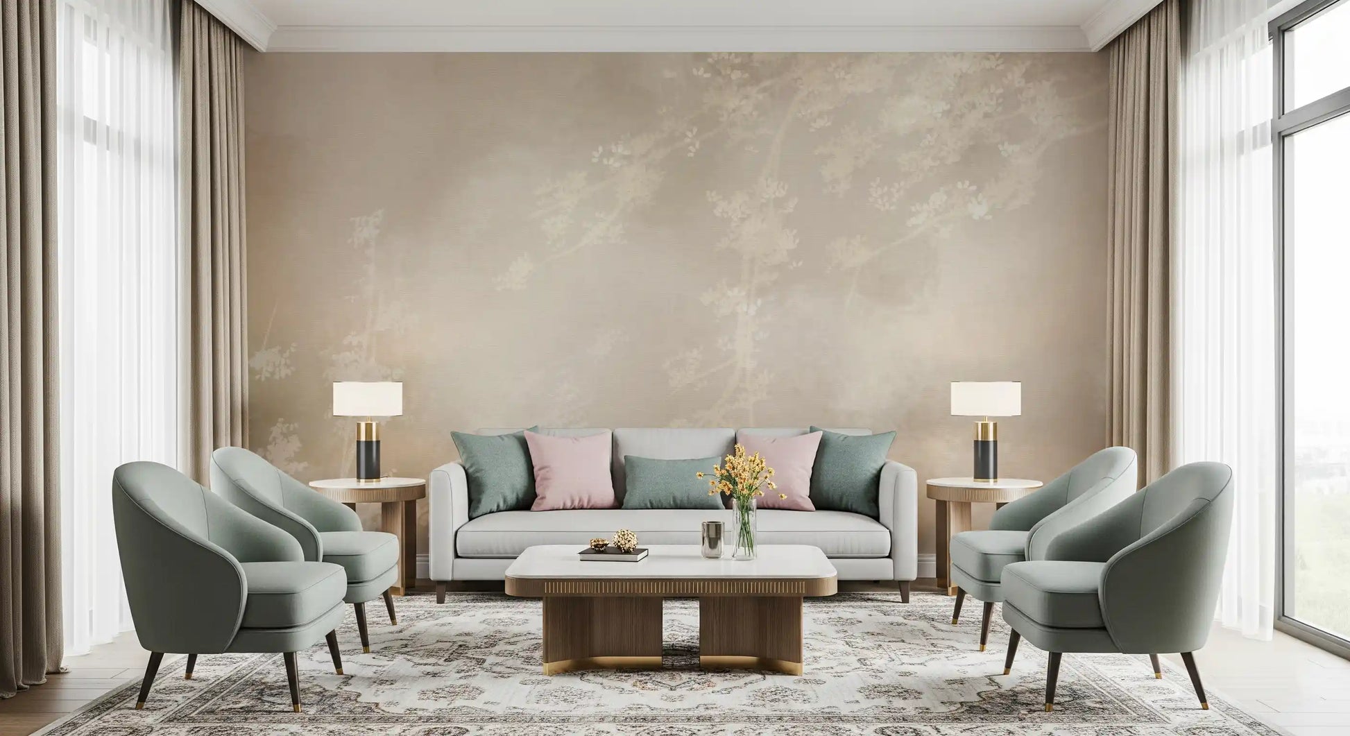 Misty forest wall mural in a lounge with warm cream and beige botanical tones