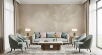 Misty forest wall mural in a lounge with warm cream and beige botanical tones