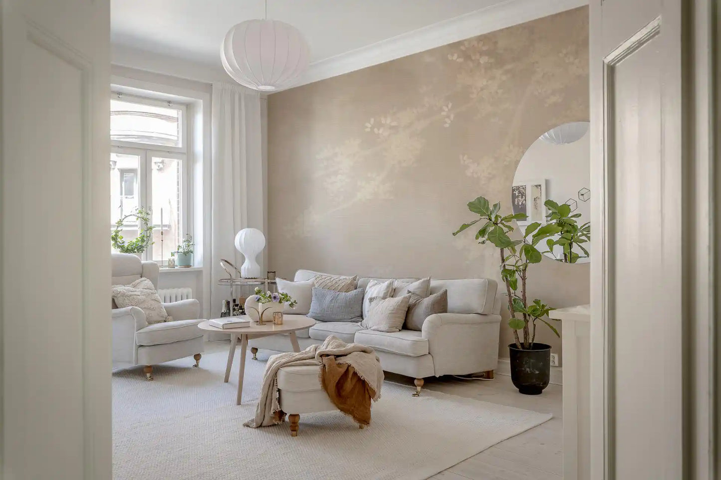 Tonal beige Misty Forest wall mural where branches fade into the background haze