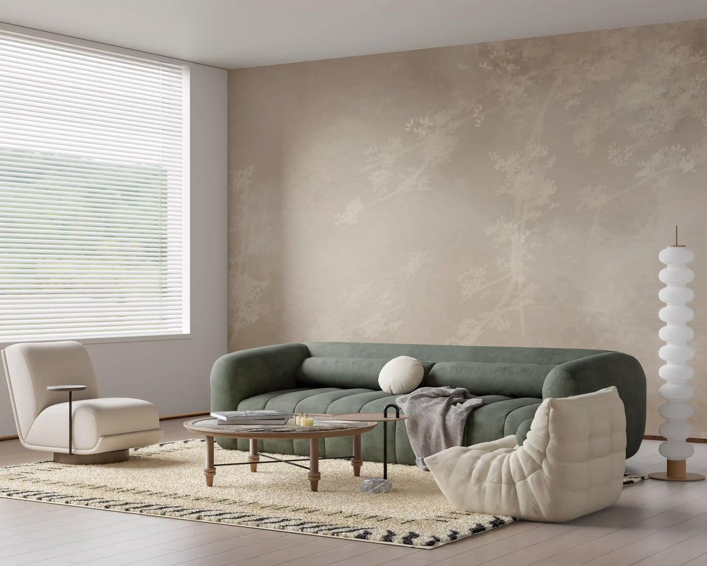 Pale cream and beige botanical wall mural with ghostly tree canopy silhouettes