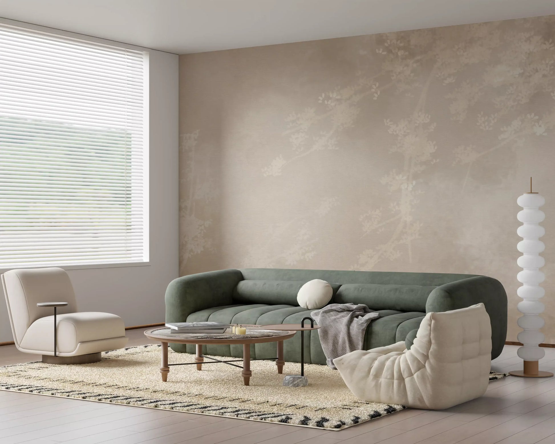 Pale cream and beige botanical wall mural with ghostly tree canopy silhouettes