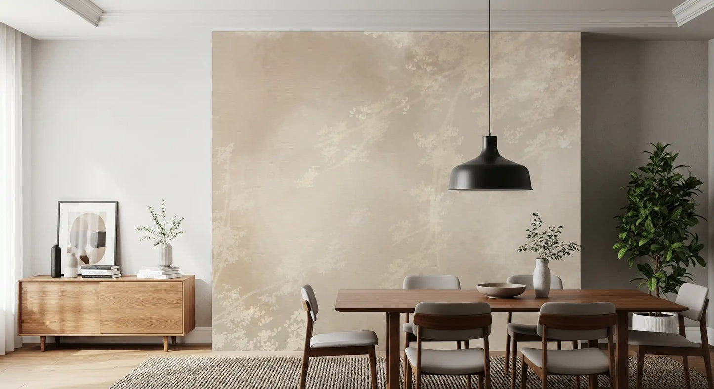 Ethereal Canopy wallpaper on the feature of a bright, airy living room