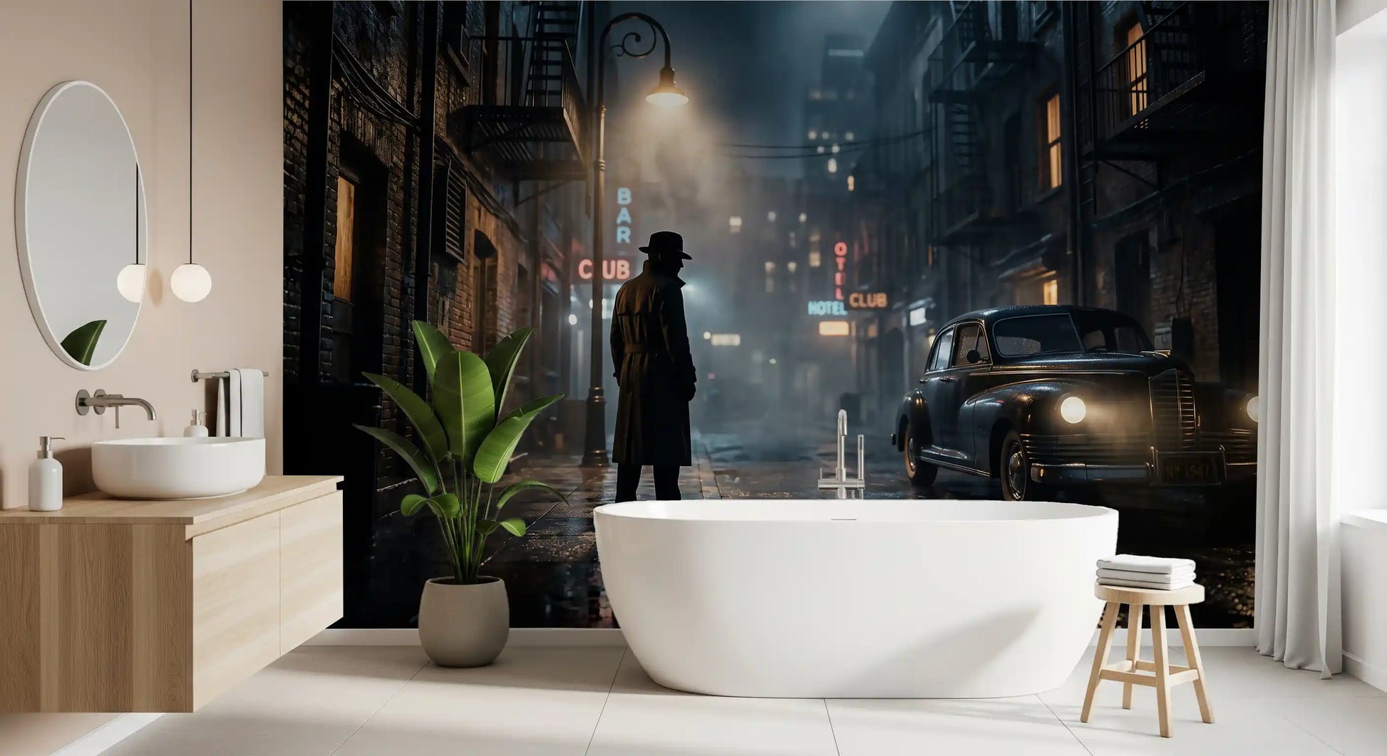 Vintage noir alley wall mural covering a bathroom space, GD9697