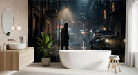 Vintage noir alley wall mural covering a bathroom space, GD9697