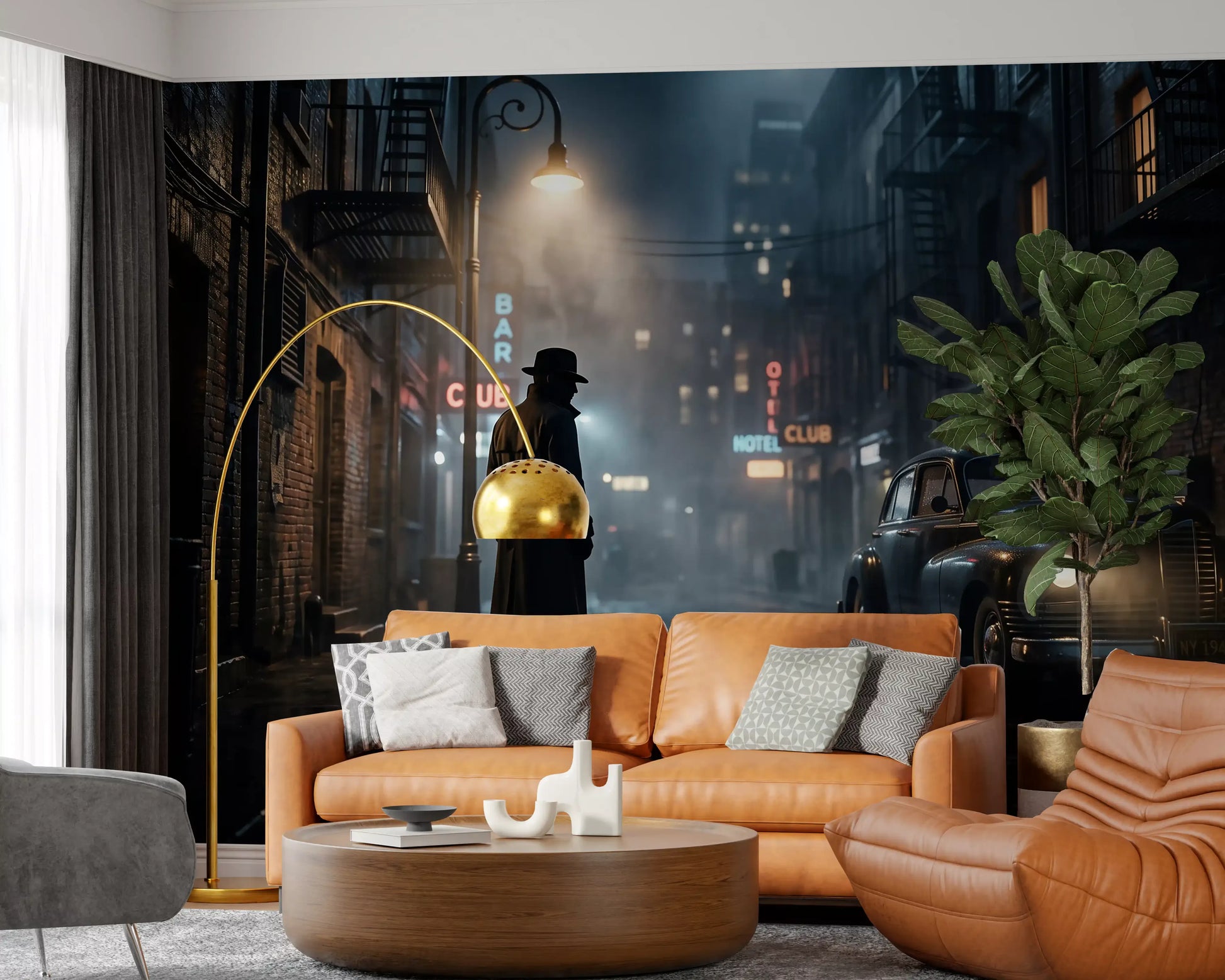 Dark city wall mural displayed in a warm-toned living room, GD9697