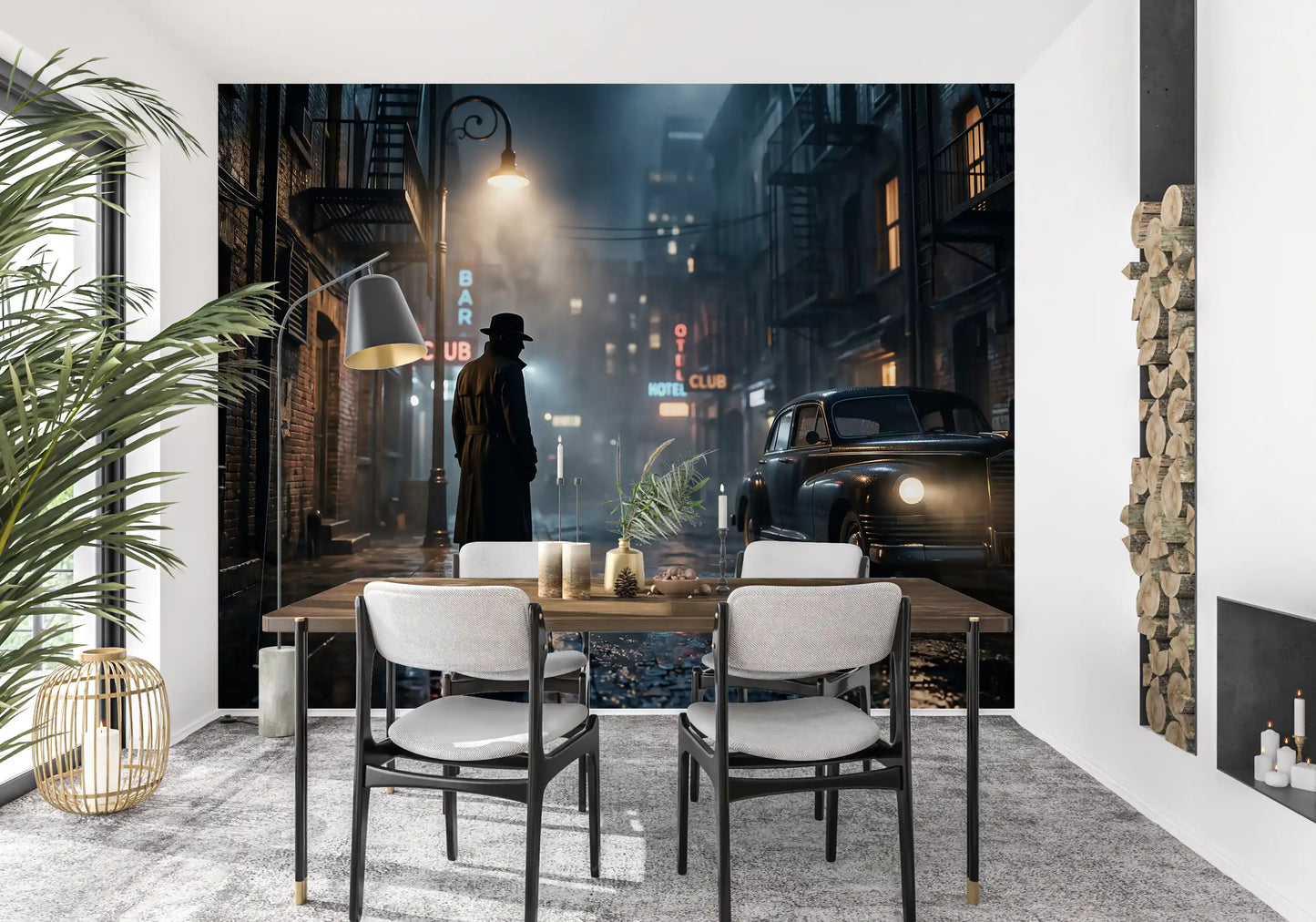 Vintage car and neon signs in the City Noir wall mural, GD9697