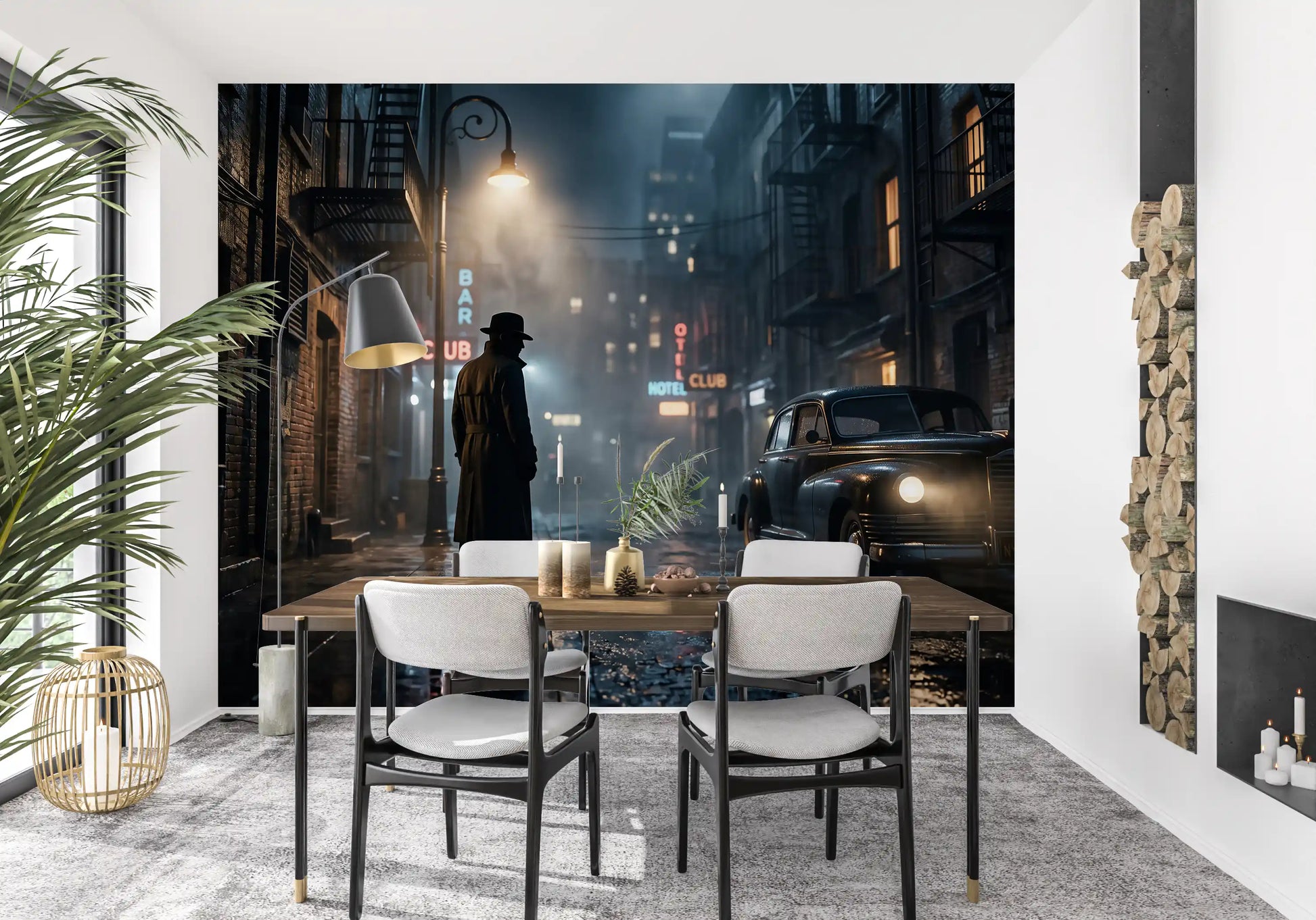 Vintage car and neon signs in the City Noir wall mural, GD9697
