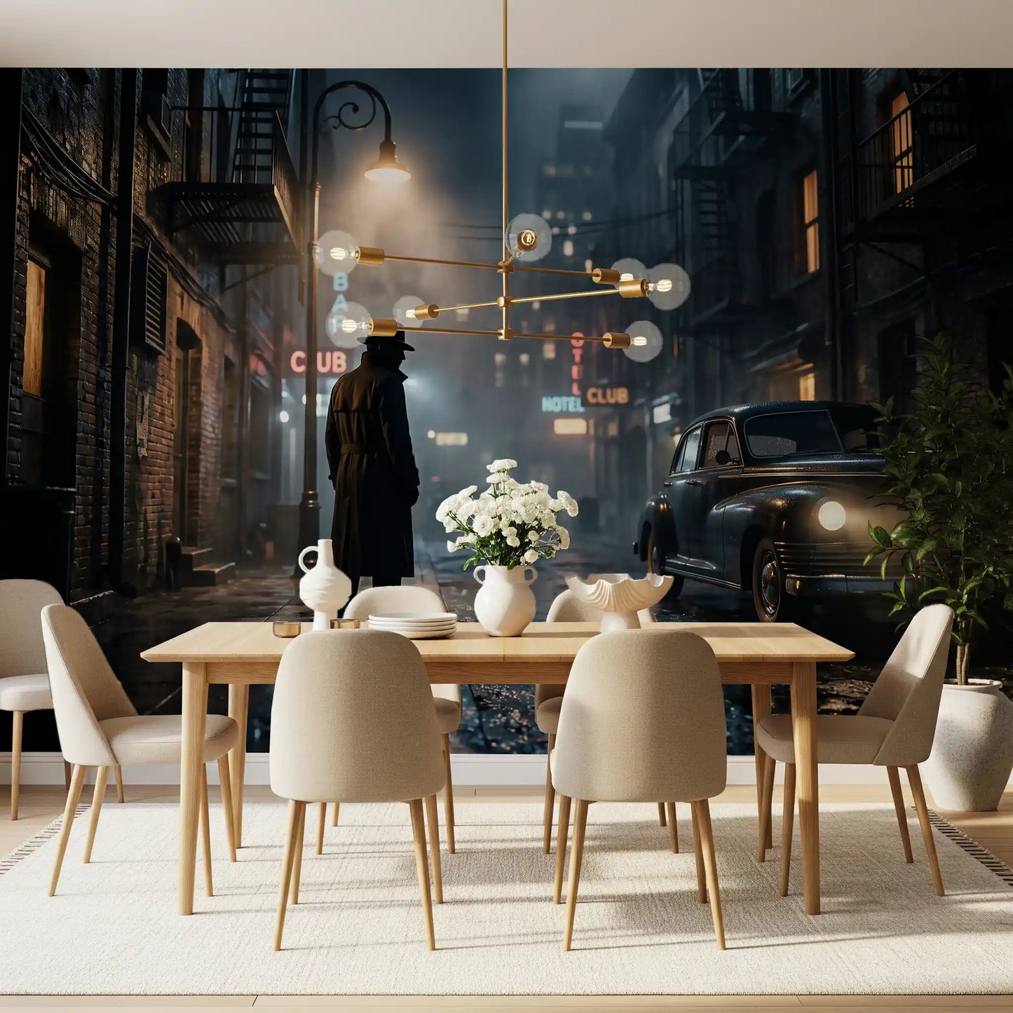 Midnight City Noir wall mural showing a lone figure in a rain-soaked alley, GD9697
