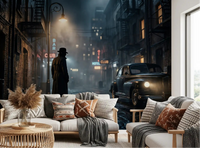 Midnight City Noir wall mural set in a moody living room space, GD9697