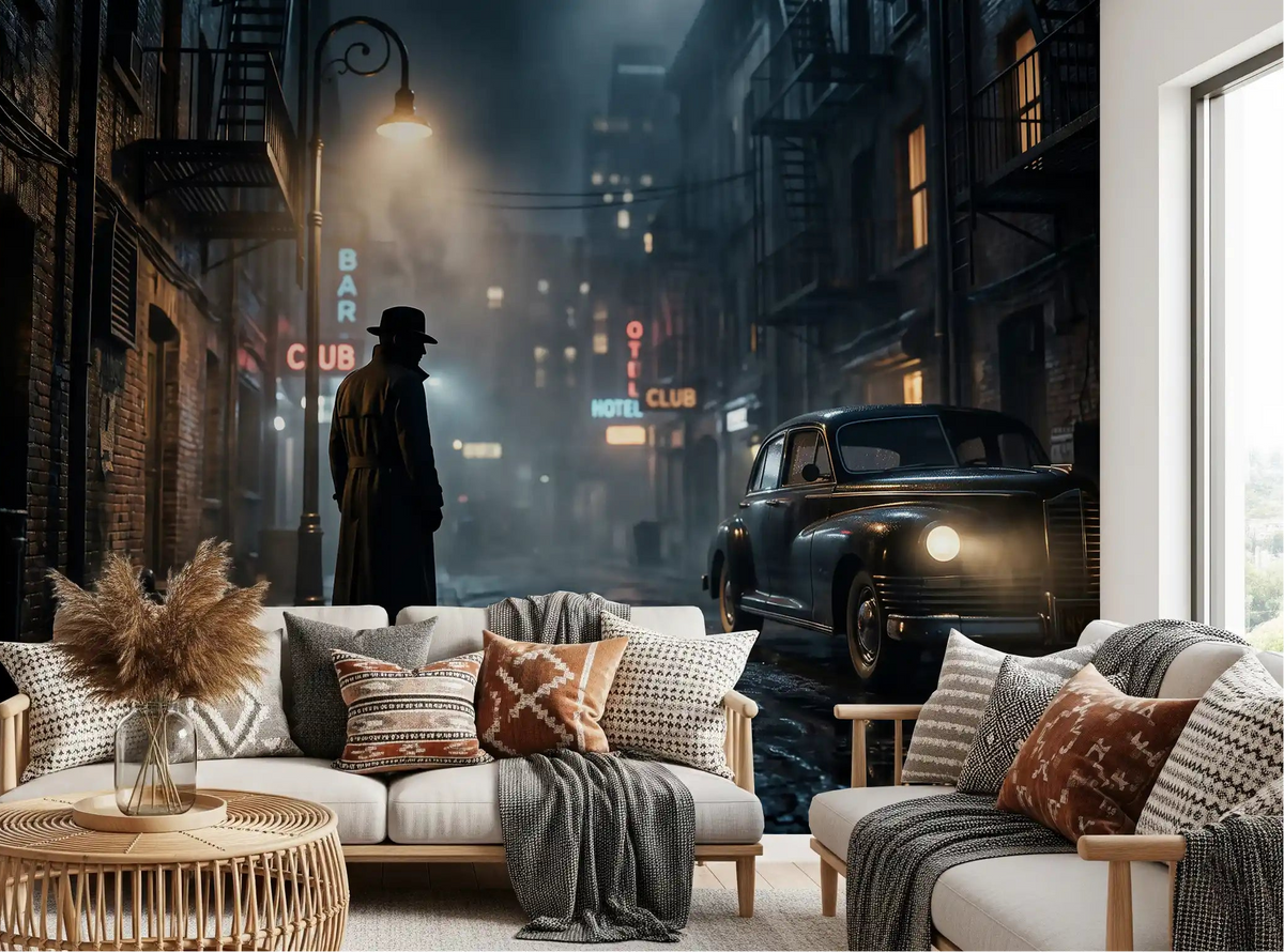 Midnight City Noir wall mural set in a moody living room space, GD9697