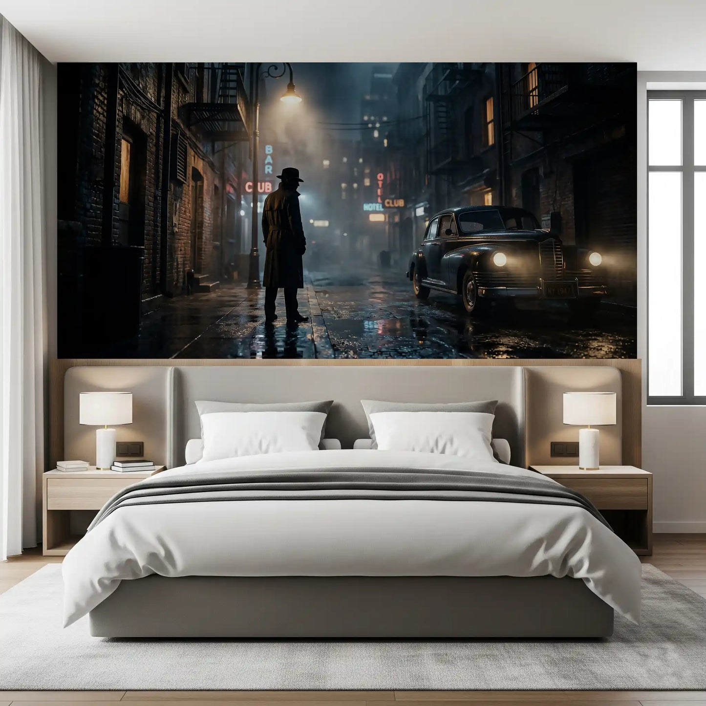 Noir city scene wall mural fitted in a dramatic bedroom, GD9697
